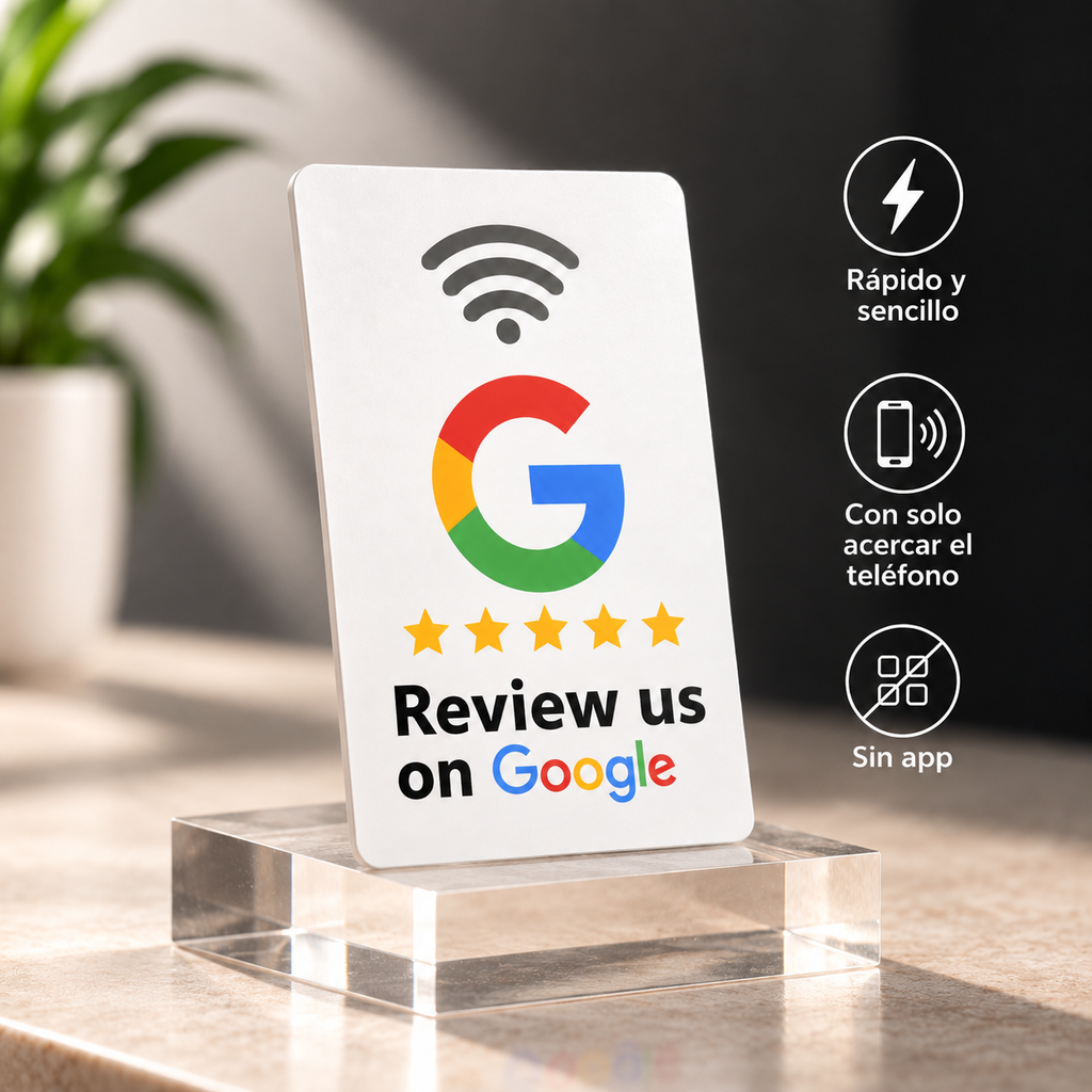 Tarjeta NFC blanca para reseñas de Google - pedestal