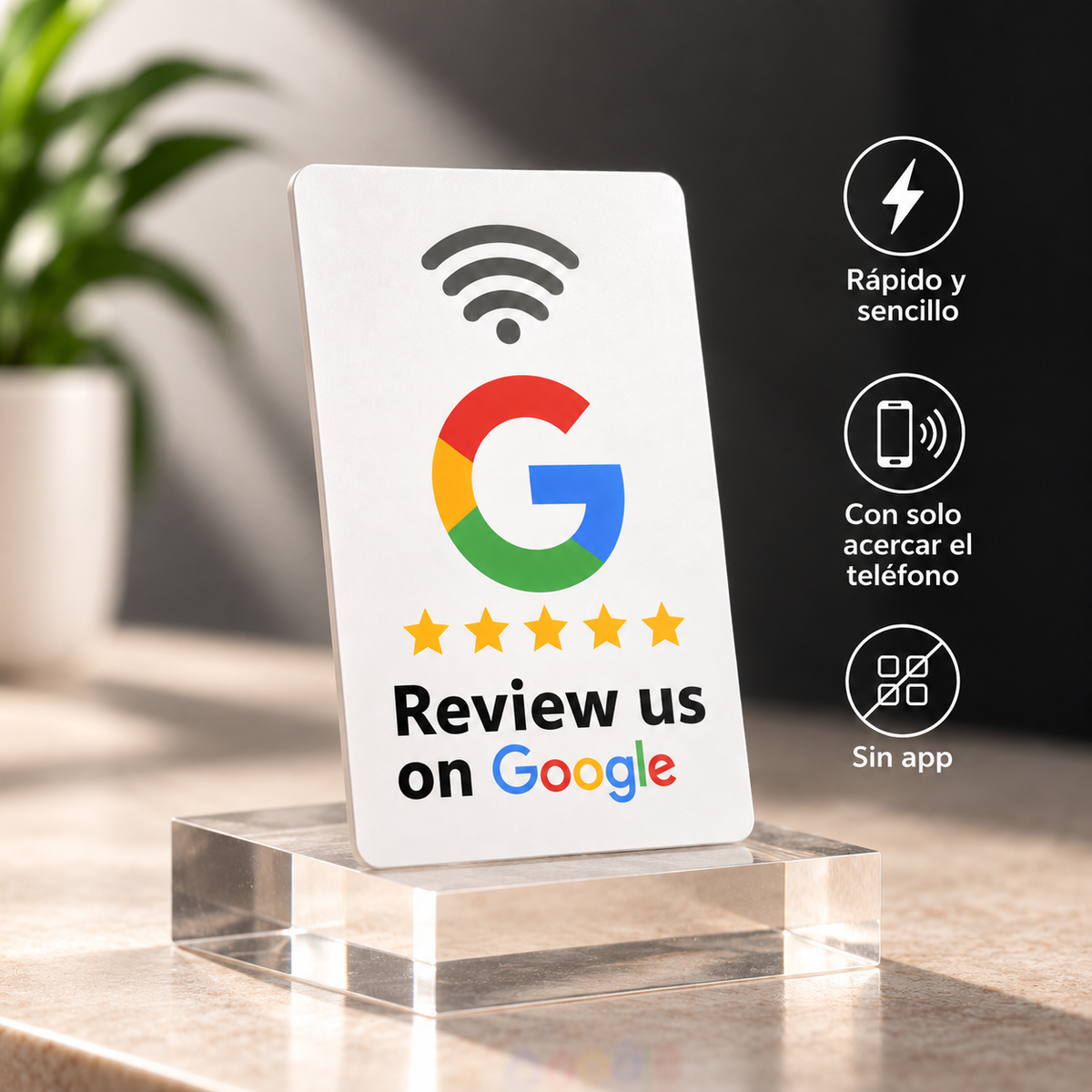 Tarjeta NFC blanca para reseñas de Google - pedestal