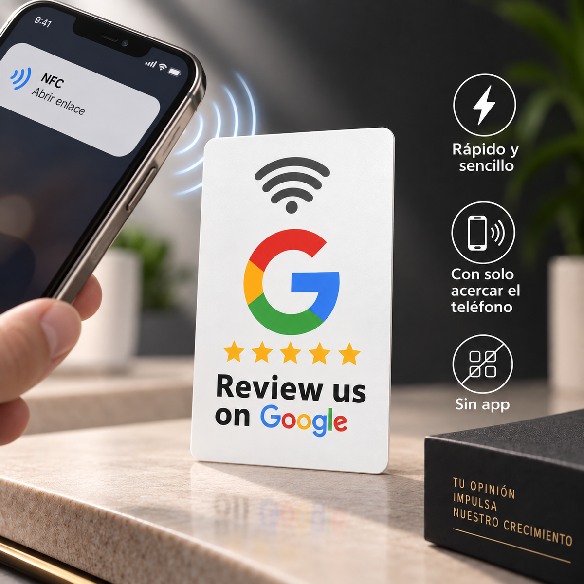 Tarjeta NFC blanca para reseñas de Google - uso con móvil
