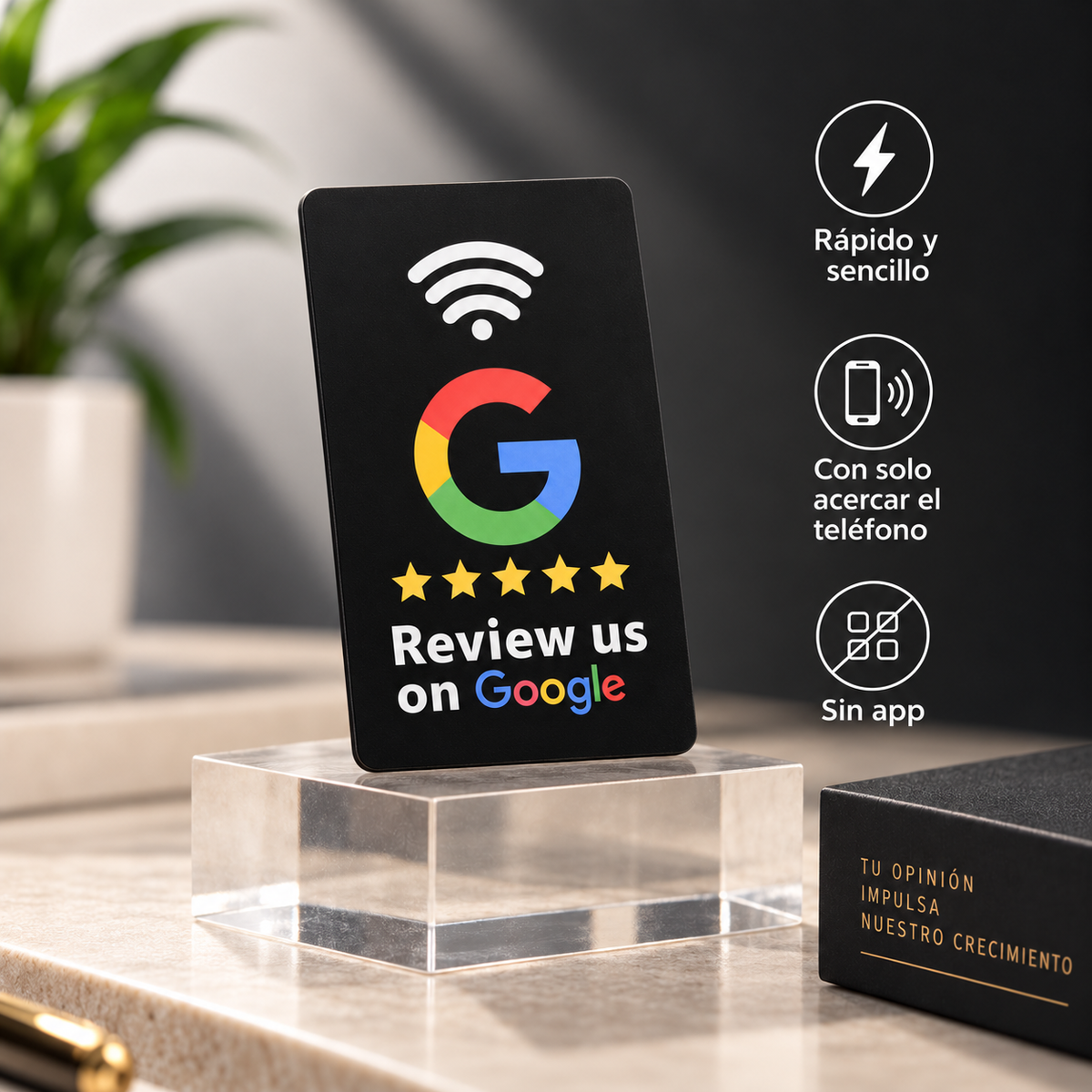 Tarjeta NFC negra para reseñas de Google - pedestal