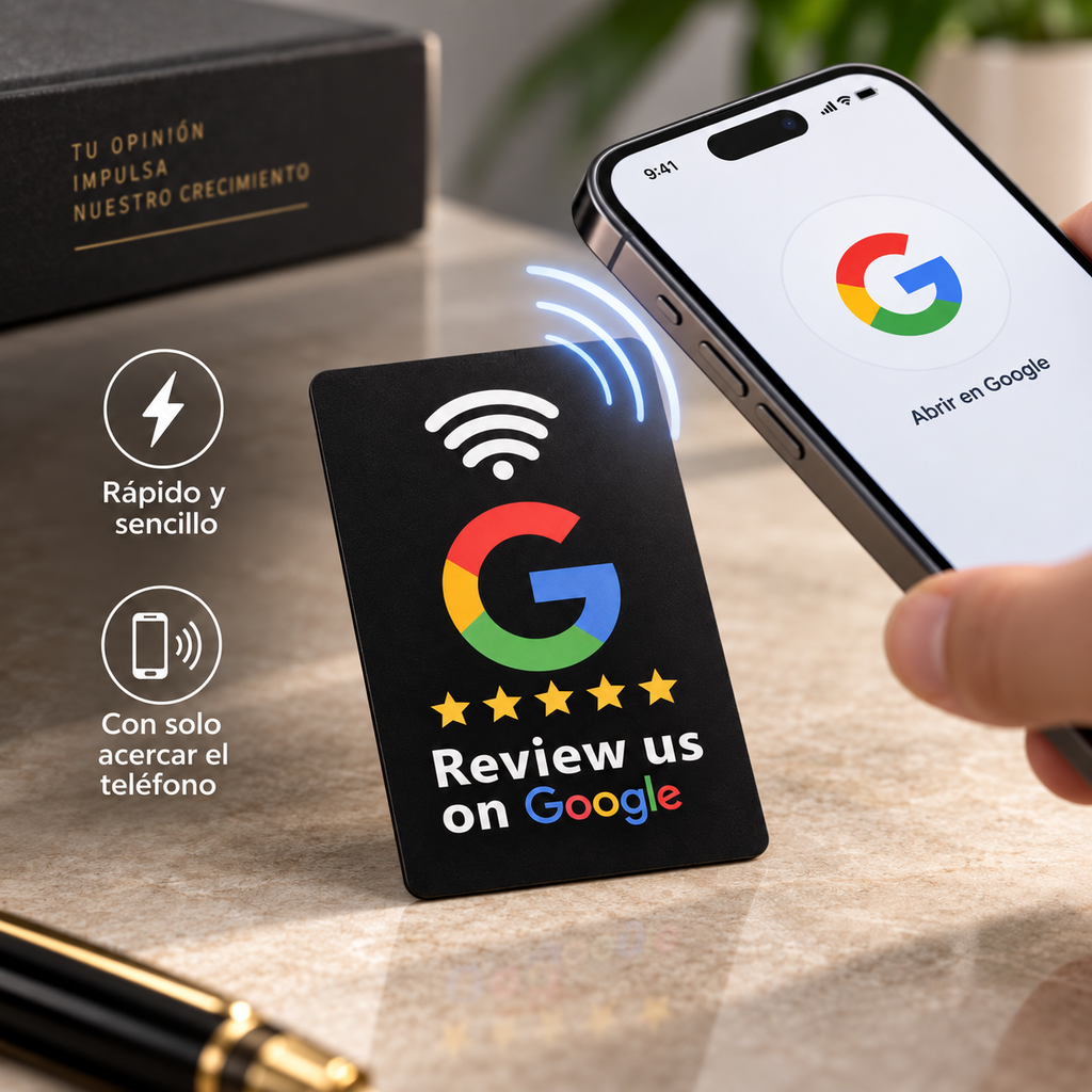 Tarjeta NFC negra para reseñas de Google - uso con móvil